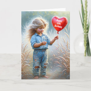 Girl With a Heart Balloon for 13th Birthday Card
