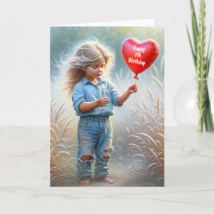Girl With a Heart Balloon for 7th Birthday Card