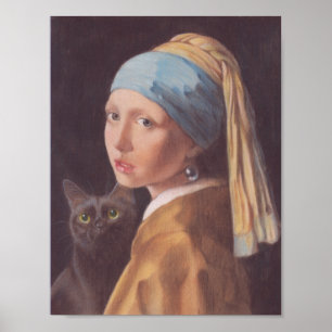 Girl with a Pearl Earring and cat Johannes Vermeer Poster