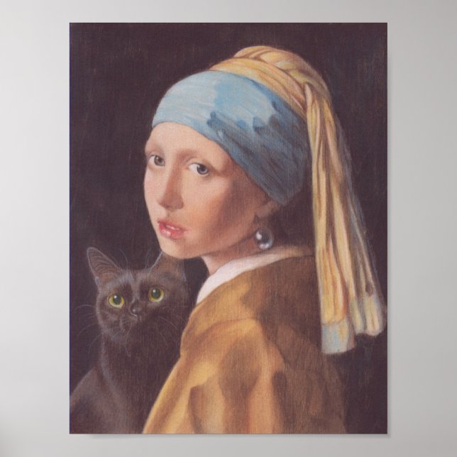 Girl with a Pearl Earring and cat Johannes Vermeer Poster (Front)