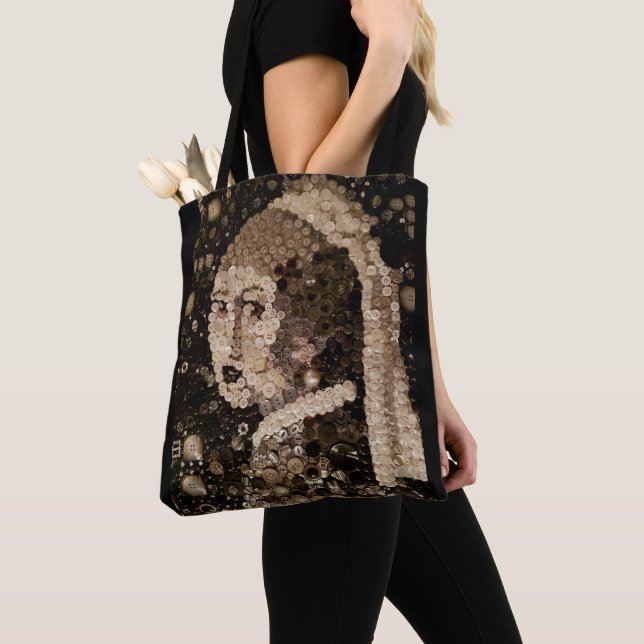 Girl with a pearl earring, button mosaic art. tote bag (Close Up)