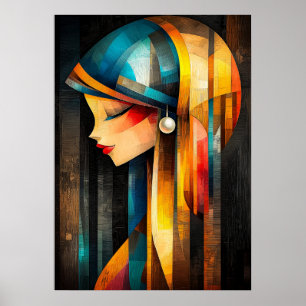 Girl with a Pearl Earring - Cubist Minimalist Poster