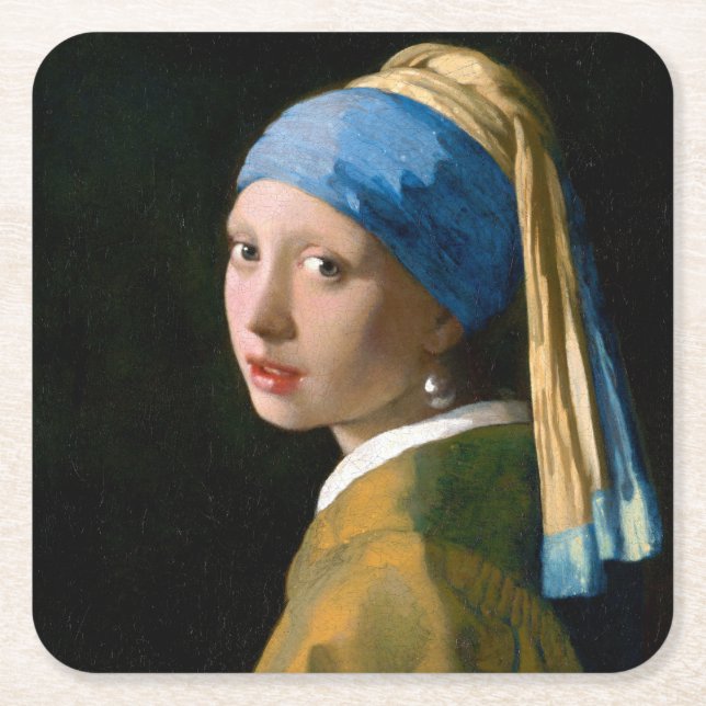 Girl with a Pearl Earring, Johannes Vermeer, 1665 Square Paper Coaster (Front)