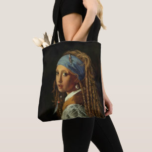 Girl with a pearl earring parody tote bag
