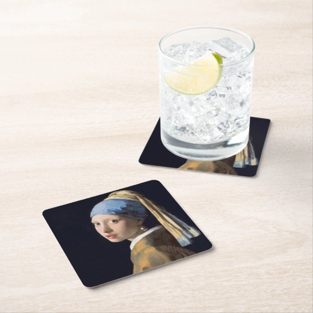 Girl with a Pearl Earring Square Paper Coaster (Insitu)