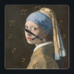 Girl with a pearl earring square wall clock<br><div class="desc">Vermeer (1665), Girl with a pearl earring. Original size 17.5 in. x 15 in.</div>