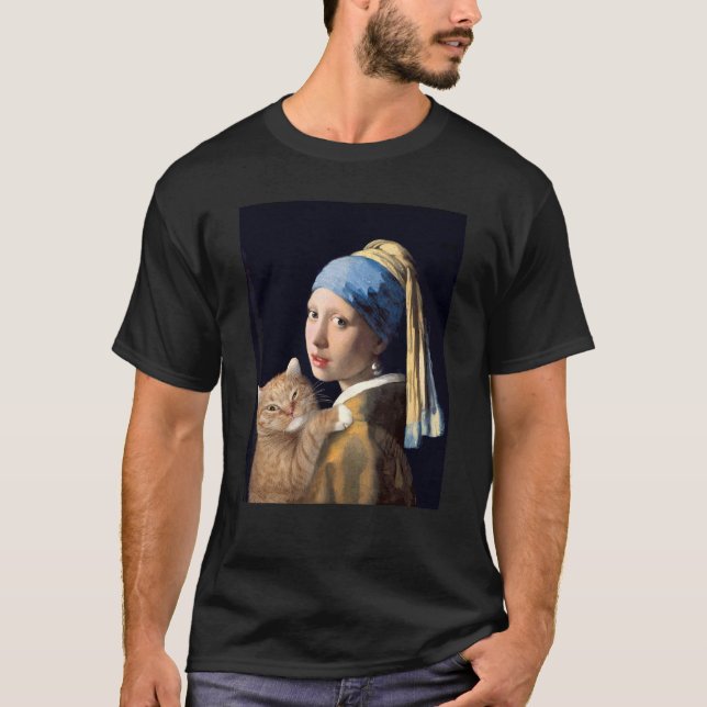 Girl With A Pearl Earring With Orange Cat  Paintin T-Shirt (Front)