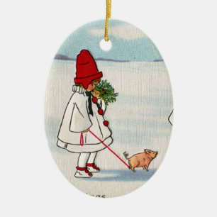Girl with a Pig on a Leash Vintage Christmas Ceramic Tree Decoration