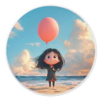 Girl with a Red Balloon at Sunset Beach Ceramic Knob