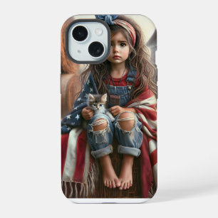 Girl With American Flag And Kitten iPhone 15 Case