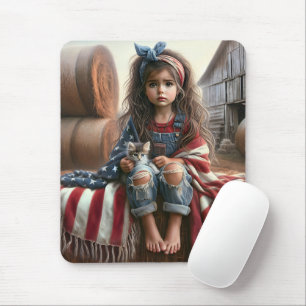 Girl With American Flag And Kitten Mouse Mat