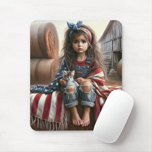 Girl With American Flag And Kitten Mouse Mat (With Mouse)
