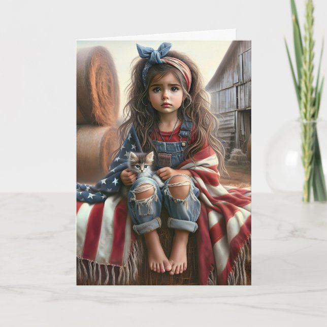 Girl With American Flag Birthday Card (Front)