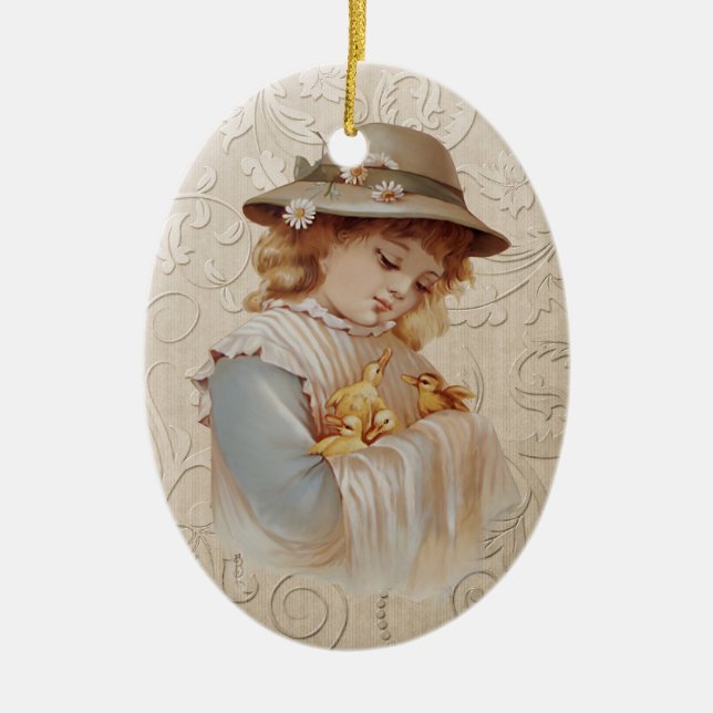 Girl with Baby Ducks Ceramic Tree Decoration (Front)