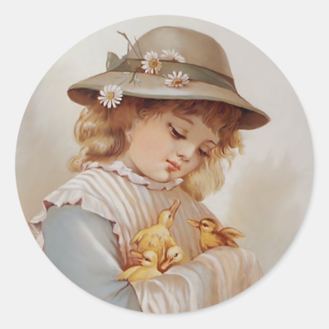 Girl with Baby Ducks Classic Round Sticker (Front)