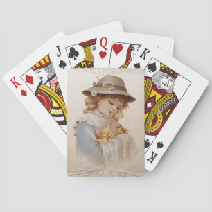 Girl with Baby Ducks Playing Cards