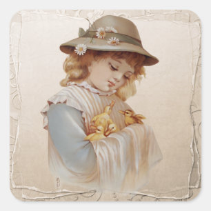 Girl with Baby Ducks Square Sticker