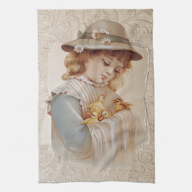 Girl with Baby Ducks Tea Towel (Vertical)