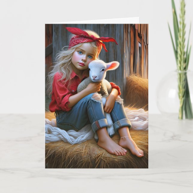 Girl With Baby Lamb For Birthday Card (Front)