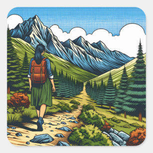 Girl with Backpack Hiking a Nature Trail Square Sticker
