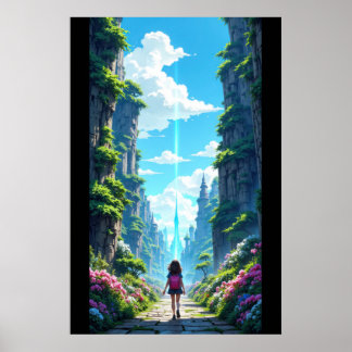 Girl with backpack walking towards fantasy crystal poster