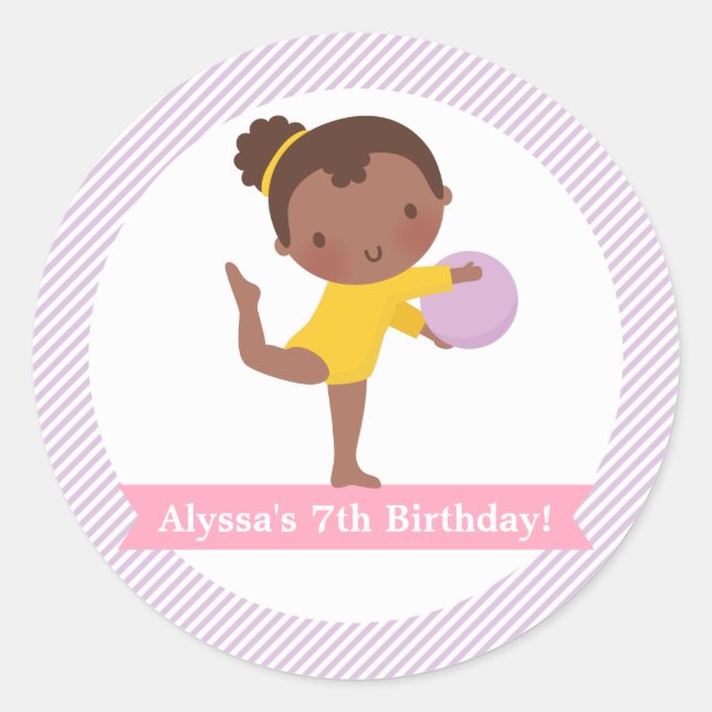 Girl with Ball Gymnastics Kids Birthday Party Classic Round Sticker (Front)