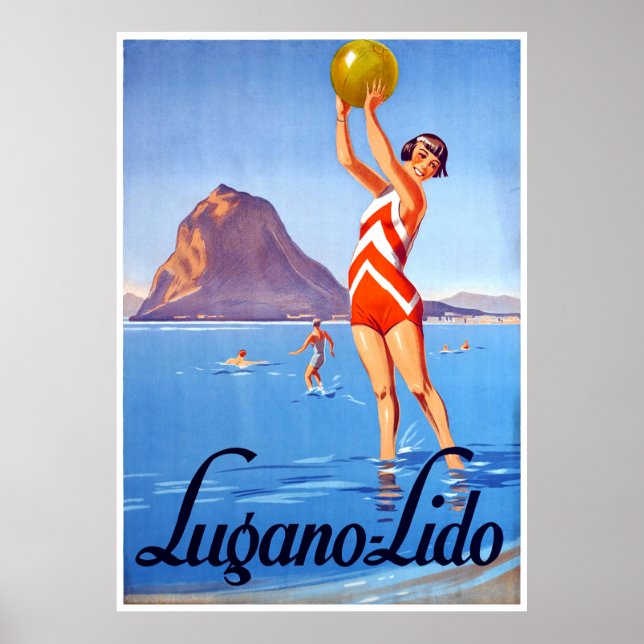 Girl with beach ball on Lugano lake, Switzerland Poster (Front)