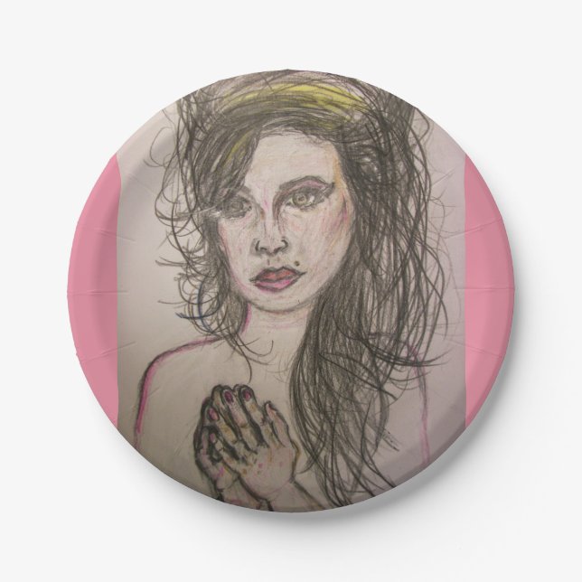 girl with beehive hair praying paper plate (Front)