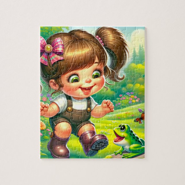Girl With Big Eyes and Green Frog Jigsaw Puzzle (Vertical)