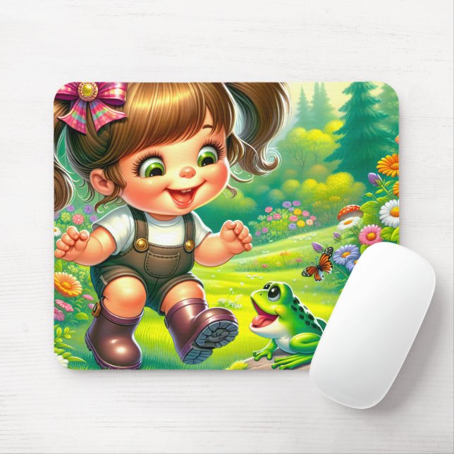 Girl With Big Eyes and Green Frog Mouse Mat (With Mouse)
