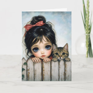 Girl with Big Eyes and Pet Cat Card