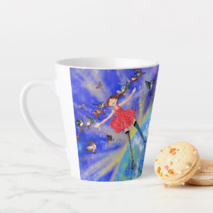 Girl with Birds Latte Mug Spring - Painting