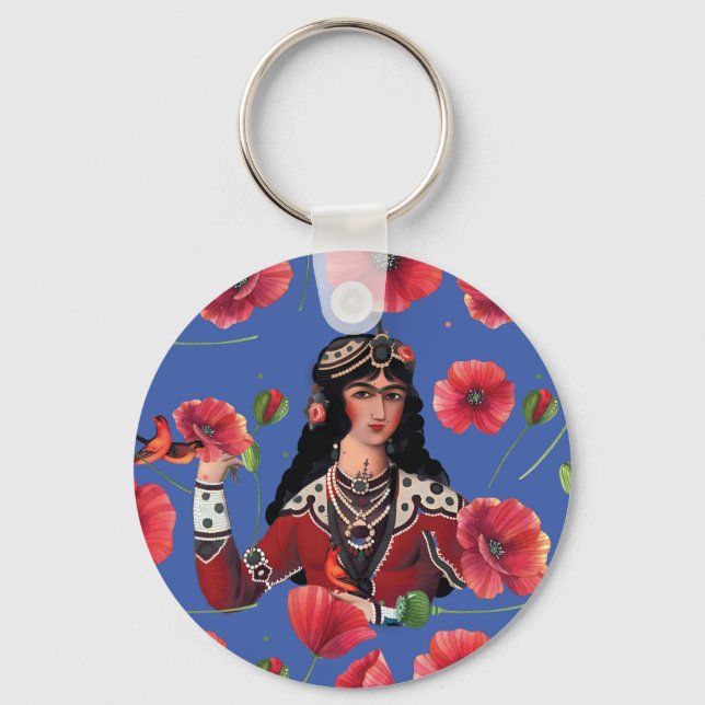Girl with Birds & Red Flower Key Ring (Front)