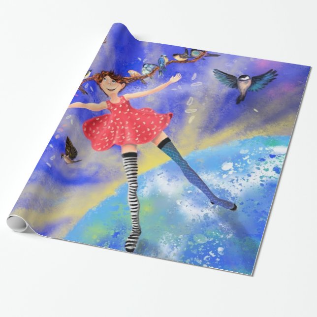 Girl with Birds Wrapping Paper Gift Fantasy (Unrolled)