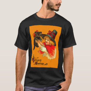 Girl With Black Cat Halloween Greetings On Orange T-Shirt