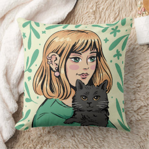 Girl with Black Cat Illustration Cushion