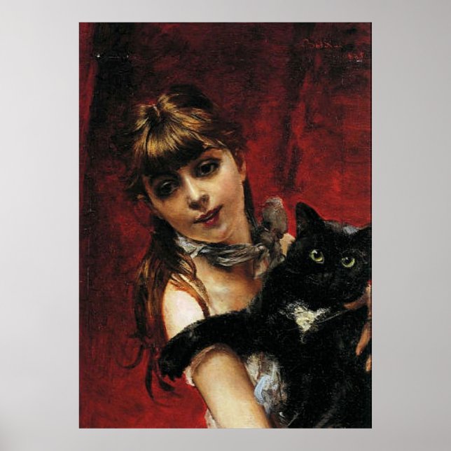 Girl With Black Cat - Reproduction Art Poster (Front)