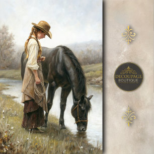 Girl With Black Horse By Stream Decoupage Tissue Paper