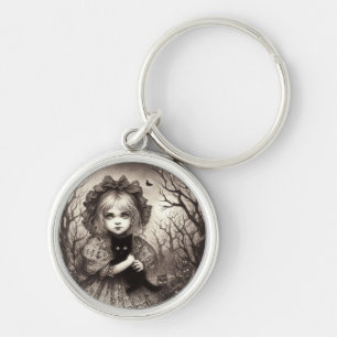 Girl with Black Kitten Spooky Retro Halloween Key Ring