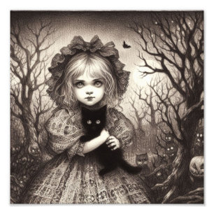 Girl with Black Kitten Spooky Retro Halloween Photo Print