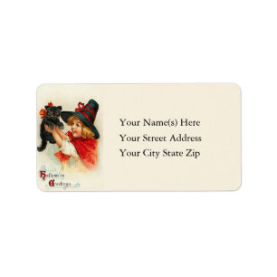 Girl With Black Kitten Vintage Address Label
