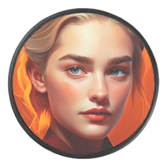 Girl with blue eyes hockey puck (Front)