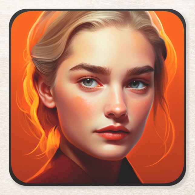 Girl with blue eyes square paper coaster (Front)
