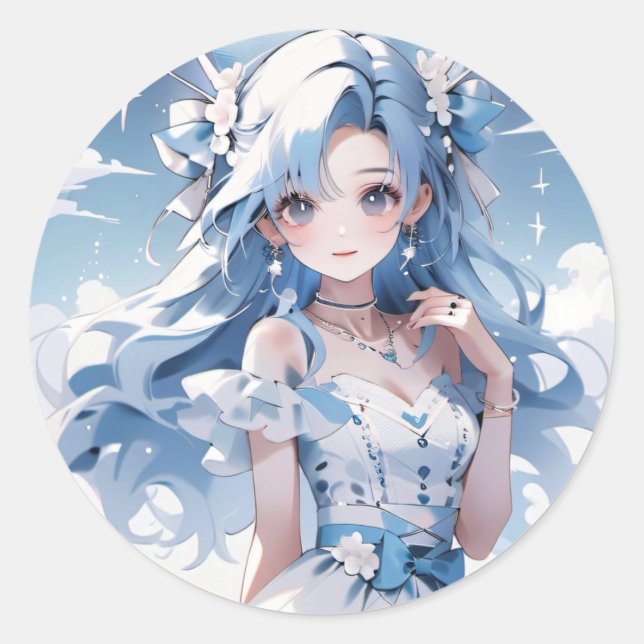 Girl With Blue Hair in a Blue Dress Classic Round Sticker (Front)
