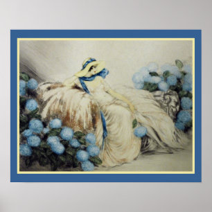 Girl With Blue Hydrangeas Poster