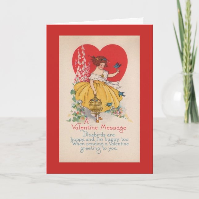 Girl With Bluebirds Valentine Holiday Card (Front)