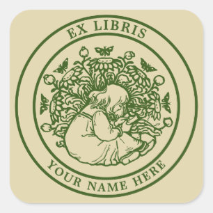 Girl With Book & Cat Ex Libris Template Square Sticker