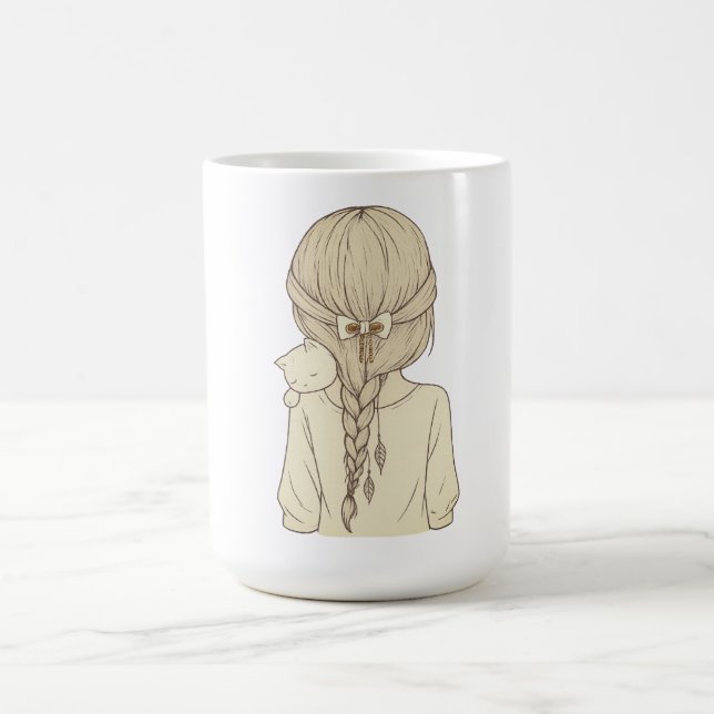 Girl with Braid and Cat Illustration – Soft Pastel Coffee Mug (Center)