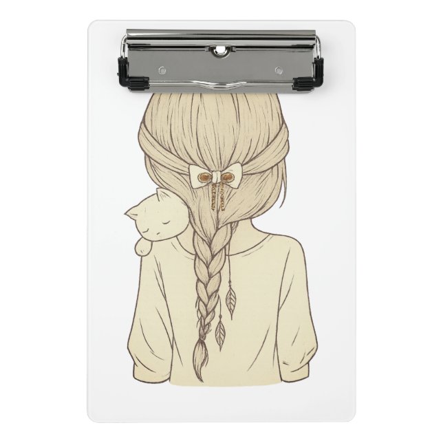 Girl with Braid and Cat Illustration – Soft Pastel Mini Clipboard (Front)