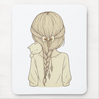 Girl with Braid and Cat Illustration – Soft Pastel Mouse Mat